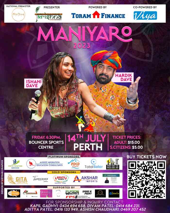 Maniyaro Navaratri with Ishani Dave & Hardik Dave 2023 – PERTH