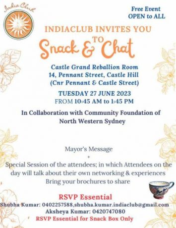 India Club inviting to the Snack & Chat session -  Special Session of the attendees