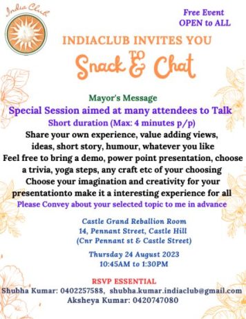 India Club Hosting Snack & Chat session - Special Session 2023