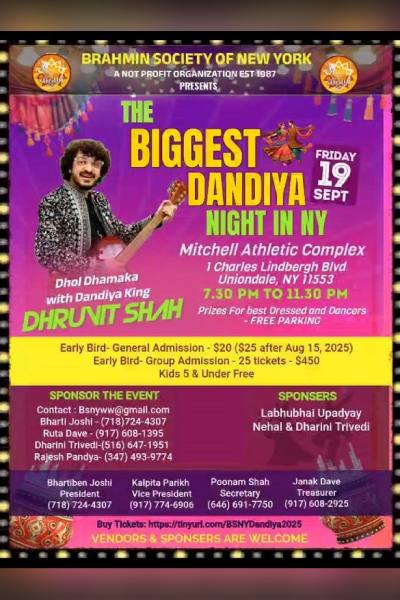 Brahmin Society of NY presents Dandiya night – Dhol, Dhamaka With Dhruvit 2025